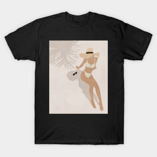 Woman, Girl, On the beach, Under palm, Hat, Boho style art, Mid century art T-Shirt